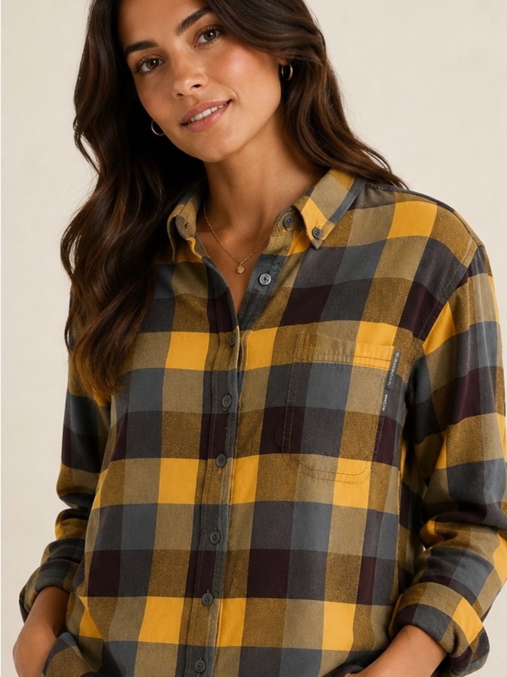 Columbia Yellow Gray Plaid Flannel Button Down Shirt Women’s Large